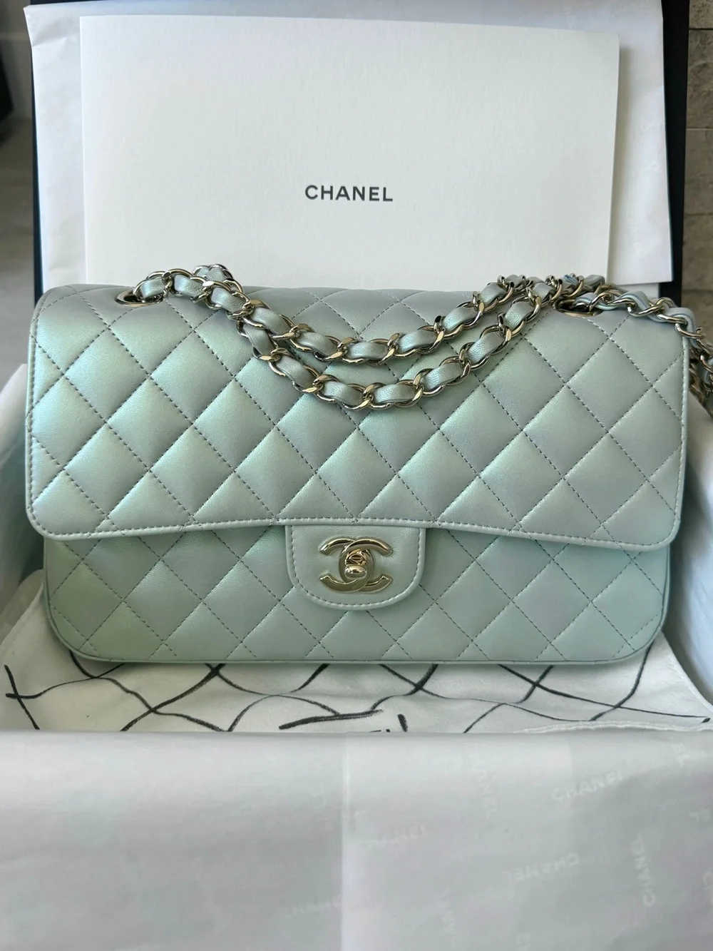 Chanel Iridescent Blue Medium Classic Flap Bag Quilted Lambskin Gold Hardware